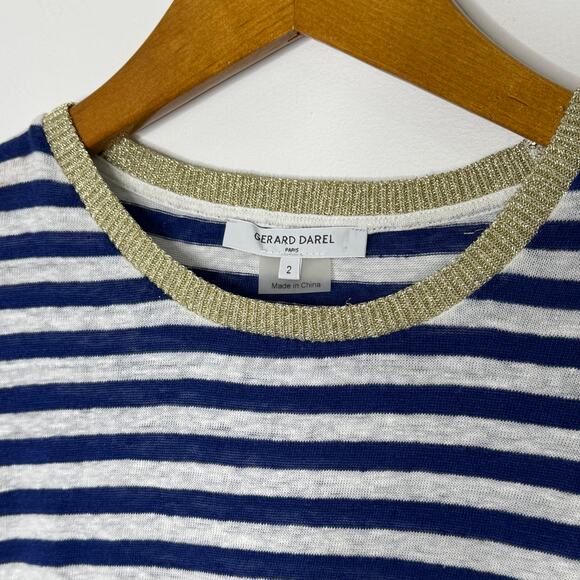 Gerard Darel Linen Top blue/white with gold neck Women's Size 2 - Picture 3 of 8